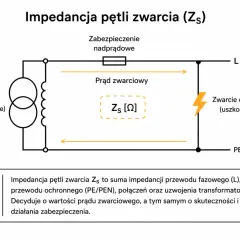 Schemat przedstawia pętlę zwarcia z transformatorem, zabezpieczeniem nadprądowym i punktem zwarcia doziemnego. Kluczowa jest impedancja pętli zwarcia (Zs), która wpływa na prąd zwarciowy i działanie zabezpieczeń.