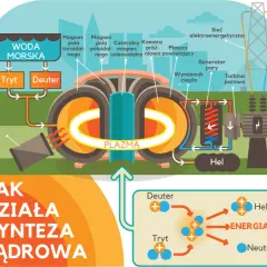 Schemat syntezy jądrowej: deuter i tryt tworzą hel, energię i neutron.