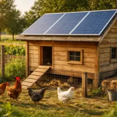 Kurnik z panelami słonecznymi, symbolizujący instalację off grid. Kury pasące się na trawie obok.