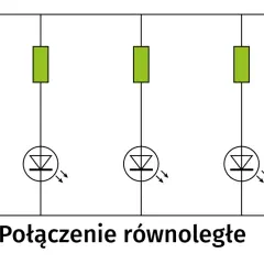 Schemat połączenia równoległego pięciu diod LED, z których każda ma swój rezystor ograniczający prąd.