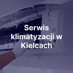 Ręka w białej rękawiczce naprawia klimatyzację. Napis: Serwis klimatyzacji w Kielcach.