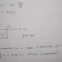 Obliczenia napięcia skutecznego: U = Um/√2 = 325V/√2 ≈ 230V. Wykres sinusoidy i obliczenia okresu T=1/f=20ms.