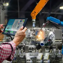 Operator kontroluje pracę robotów spawalniczych na tablecie, optymalizując procesy dla większych automatyk zarobki.