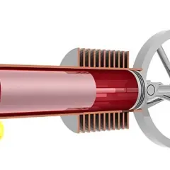 Schematyczny silnik Stirlinga z płomieniem pod cylindrem i kołem zamachowym.