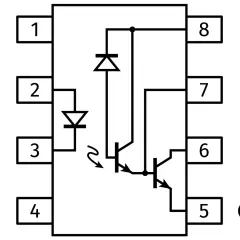 Schemat transoptora z diodą LED i dwoma tranzystorami. Piny: NC, A, C, NC, GND, Vo, VB, Vcc.