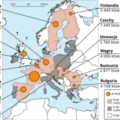Mapa Europy z zaznaczonymi elektrowniami jądrowymi i ich produkcją. Francja liderem, Polska poza UE.