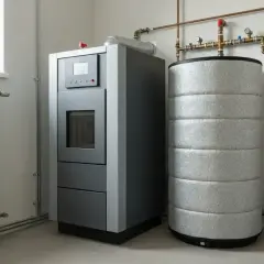 Nowoczesny bufor do pieca na pellet, obok zasobnika ciepłej wody, z instalacją grzewczą i grzejnikiem.