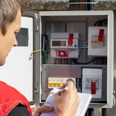 Elektryk spisuje odczyt licznika w skrzynce rozdzielczej. Przygotowuje protokół zdawczo odbiorczy Tauron PDF.