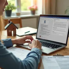 Kobieta wpisuje dane na laptopie, przygotowując przepisanie licznika Energa. Na biurku leży model domu.