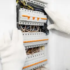 Ręce w białych rękawiczkach pracują przy rozdzielni elektrycznej z bezpiecznikami.