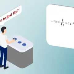 Chłopak pyta "Co to jest Hz?", a obok pojawia się wzór na częstotliwość: 1 Hz = 1/1s = 1s⁻¹.