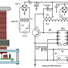 Schemat układu z cewką Tesli, transformatorem, tranzystorem i układem scalonym.