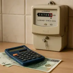 Licznik energii elektrycznej, kalkulator i banknoty 100 zł. Obrazek pokazuje, jak obliczyć zużycie prądu i koszty.