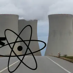 Człowiek z atomem przed chłodniami kominowymi elektrowni jądrowej symbolizuje potencjalne wady elektrowni jądrowej.