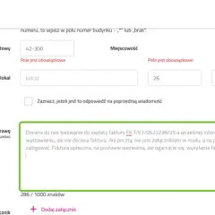 Formularz Tauron: wpisanie adresu, kodu pocztowego, miejscowości. Wpisano treść wiadomości o problemach z fakturą, druk ost tauron pdf.