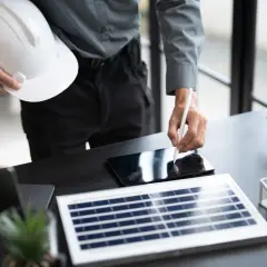 Inżynier analizuje dane dotyczące fotowoltaiki na tablecie, obok modele paneli i turbiny wiatrowej.