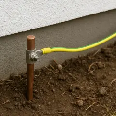 Uziemienie w starej instalacji: miedziany pręt w ziemi, do którego przyłączony jest żółto-zielony przewód. Bezpieczeństwo przede wszystkim!