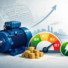 Niebieski silnik indukcyjny z monetami i wskaźnikiem efektywności energetycznej IE4. Symbolizuje oszczędność i ekologię.