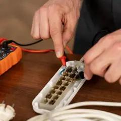 Ręce mierzą opór elektryczny za pomocą pomarańczowego multimetru i białego przedłużacza.