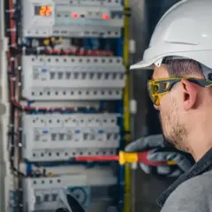 Elektryk w białym kasku i okularach ochronnych pracuje przy skrzynce z bezpiecznikami. Zastanawiasz się, ile zarabia elektryk?