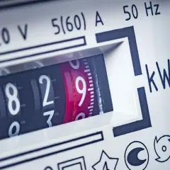 Zbliżenie na licznik energii elektrycznej, pokazujący aktualne zużycie prądu. Widoczne cyfry 8829 i oznaczenie kWh.