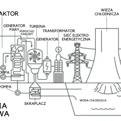 Schemat elektrowni jądrowej ilustruje zalety elektrowni jądrowej: stabilne dostarczanie energii elektrycznej dzięki reaktorowi, turbinie, generatorowi i sieci energetycznej.