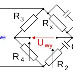 Schemat mostka Wheatstone'a z rezystorami R2, R3, R4, Rx oraz kondensatorami Cx, C2.