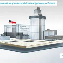 Wizualizacja pierwszej elektrowni jądrowej w Polsce, z budynkami i wieżą chłodniczą.