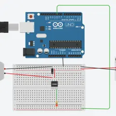 Układ Arduino z silnikiem, tranzystorem MOSFET i zasilaczem. Może wystąpić problem, gdy temperatura mosfet za duża.
