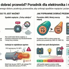 Ilustracja przedstawia schematy i wykresy dotyczące doboru przewodów elektrycznych, w tym prawo Joule'a, spadek napięcia i porównanie systemów AWG.