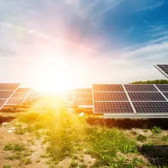 Rzędy paneli fotowoltaicznych na tle słonecznego nieba. Ta farma fotowoltaiczna zbiera energię ze słońca.