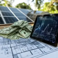 Stos banknotów, tablet z wykresem i panele fotowoltaiczne na tle planów budowlanych. Czy fotowoltaika się opłaca? Analiza inwestycji.