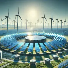 Futurystyczna elektrownia z wiatrakami i panelem słonecznym w kształcie pierścienia, przypominającym reaktor fuzyjny.
