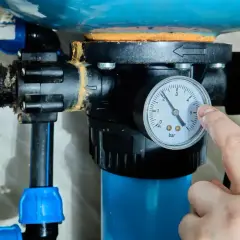 Palec wskazuje manometr przy hydroforze, pokazując ciśnienie. Dowiedz się, jak odpowietrzyć hydrofor, by działał sprawnie.