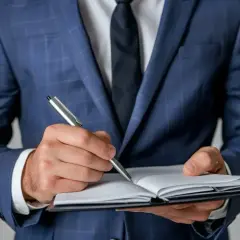 Biznesmen w garniturze notuje ważne informacje. Czy to będą pozytywne axpo polska opinie?