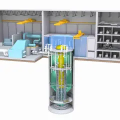 Przekrój reaktora BWRX-300: pionowy rdzeń w zielonym basenie, turbina, generator i pomieszczenia kontrolne.