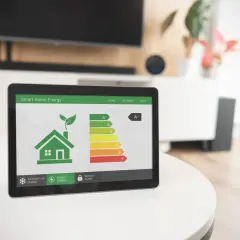 Tablet z aplikacją Smart Home Energy pokazuje skalę klas energetycznych, gdzie dom ma klasę A+. Dbałość o środowisko i oszczędność energii.