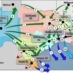 Mapa pokazuje przepływ gazociągów z Teksasu i Luizjany do różnych regionów USA.