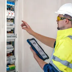 Elektryk w kasku i kamizelce odblaskowej sprawdza instalację elektryczną na tablecie.