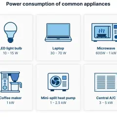 Grafika pokazuje zużycie energii przez urządzenia domowe: żarówkę LED (10-15 W), laptop (30-70 W), mikrofalówkę (do 1 kilowat), ekspres do kawy (1 kilowat), pompę ciepła (1-2,5 kilowata) i klimatyzację (3-5 kilowatów).