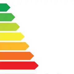 Skala klasa energetyczna od A (zielony, najbardziej efektywny) do G (czerwony, najmniej efektywny).