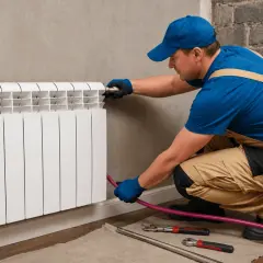 Instalator wykonuje podłączenie grzejnika od dołu, używając narzędzi i węża.