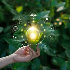 Dłoń trzyma żarówkę z zielonymi liśćmi, otoczoną ikonami symbolizującymi różne źródła energii, w tym OZE.