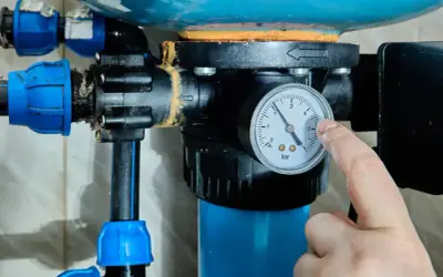 Palec wskazuje manometr przy hydroforze, pokazując ciśnienie. Dowiedz się, jak odpowietrzyć hydrofor, by działał sprawnie.