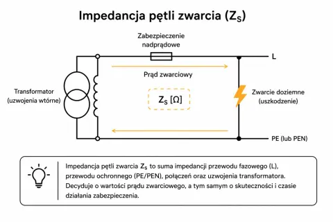 Schemat przedstawia pętlę zwarcia z transformatorem, zabezpieczeniem nadprądowym i punktem zwarcia doziemnego. Kluczowa jest impedancja pętli zwarcia (Zs), która wpływa na prąd zwarciowy i działanie zabezpieczeń.