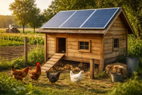 Kurnik z panelami słonecznymi, symbolizujący instalację off grid. Kury pasące się na trawie obok.