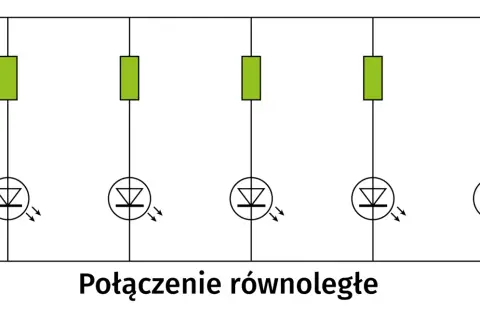 Schemat połączenia równoległego pięciu diod LED, z których każda ma swój rezystor ograniczający prąd.