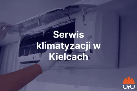 Ręka w białej rękawiczce naprawia klimatyzację. Napis: Serwis klimatyzacji w Kielcach.
