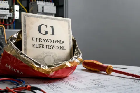 Certyfikat "G1 Uprawnienia Elektryczne" w paczce chipsów, obok multimetru i śrubokręta, symbolizuje łatwy dostęp do wiedzy i narzędzi dla elektryków.