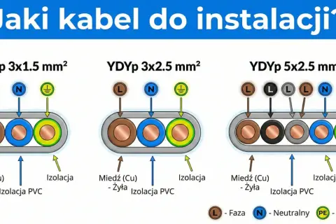 Porównanie kabli YDYp 3x1.5, 3x2.5 i 5x2.5 mm² – jaki kabel do gniazdek wybrać? Schemat pokazuje budowę i przeznaczenie żył.